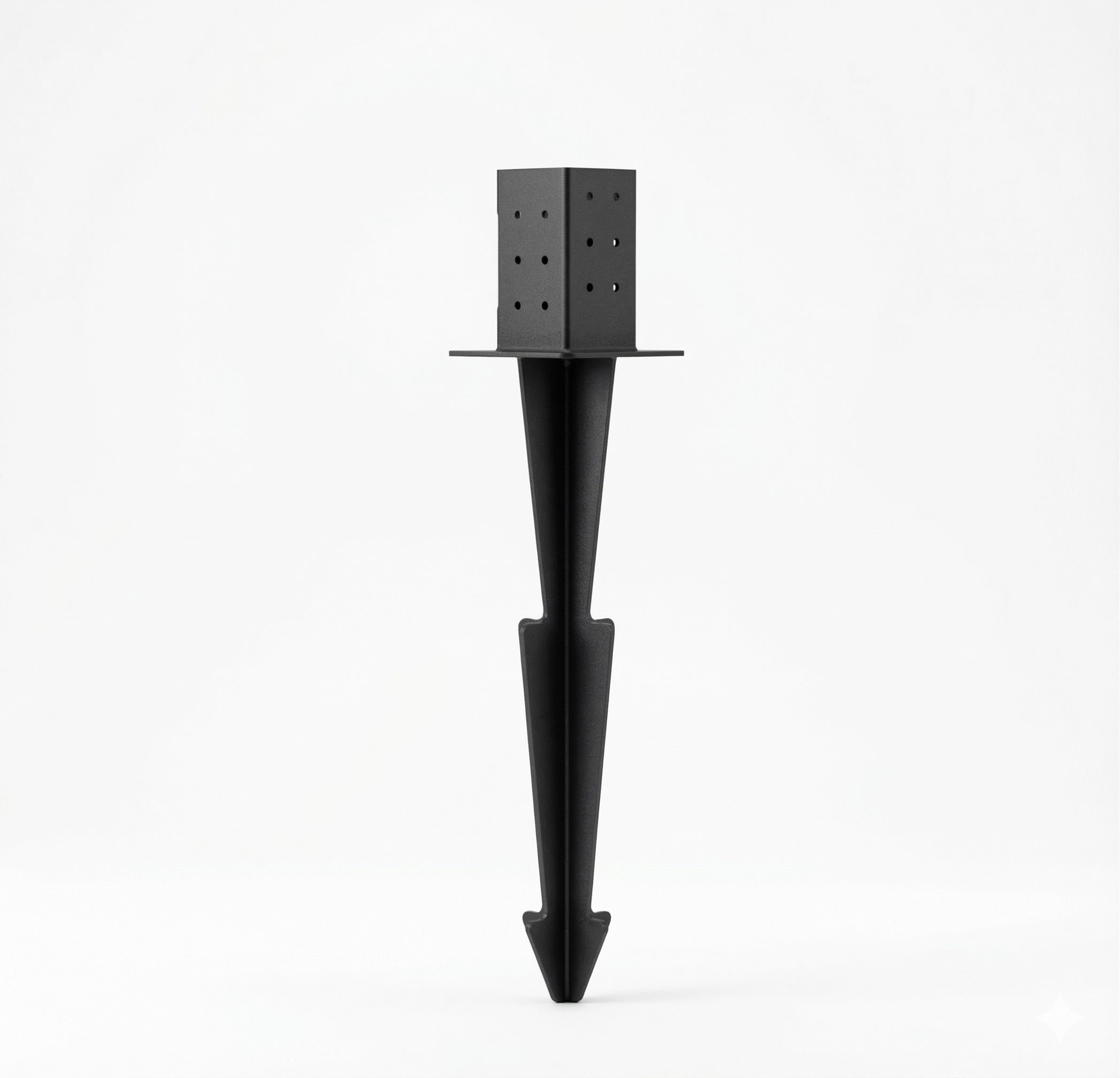 Black metal plant support stake with square top on a white background
