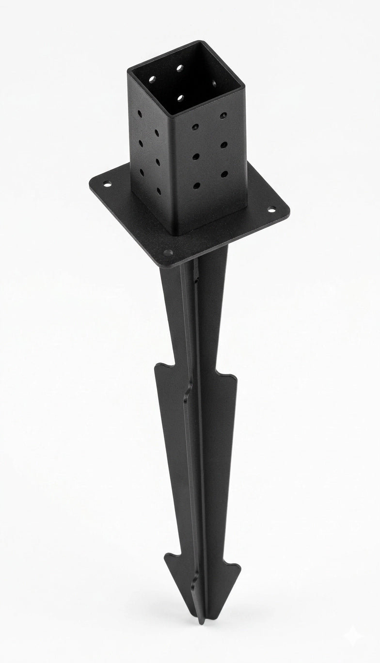 Black metal tripod leg with square base on a white background