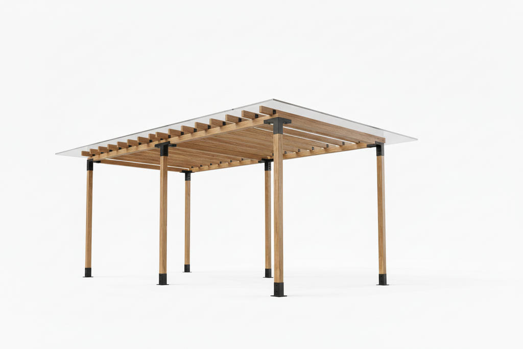 Wooden pergola structure on a white background